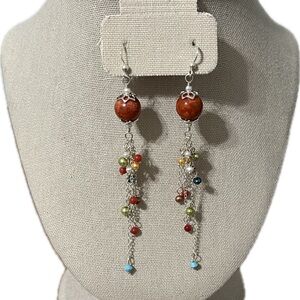 Multi-Color Beaded Sterling Silver Long Dangle Earrings